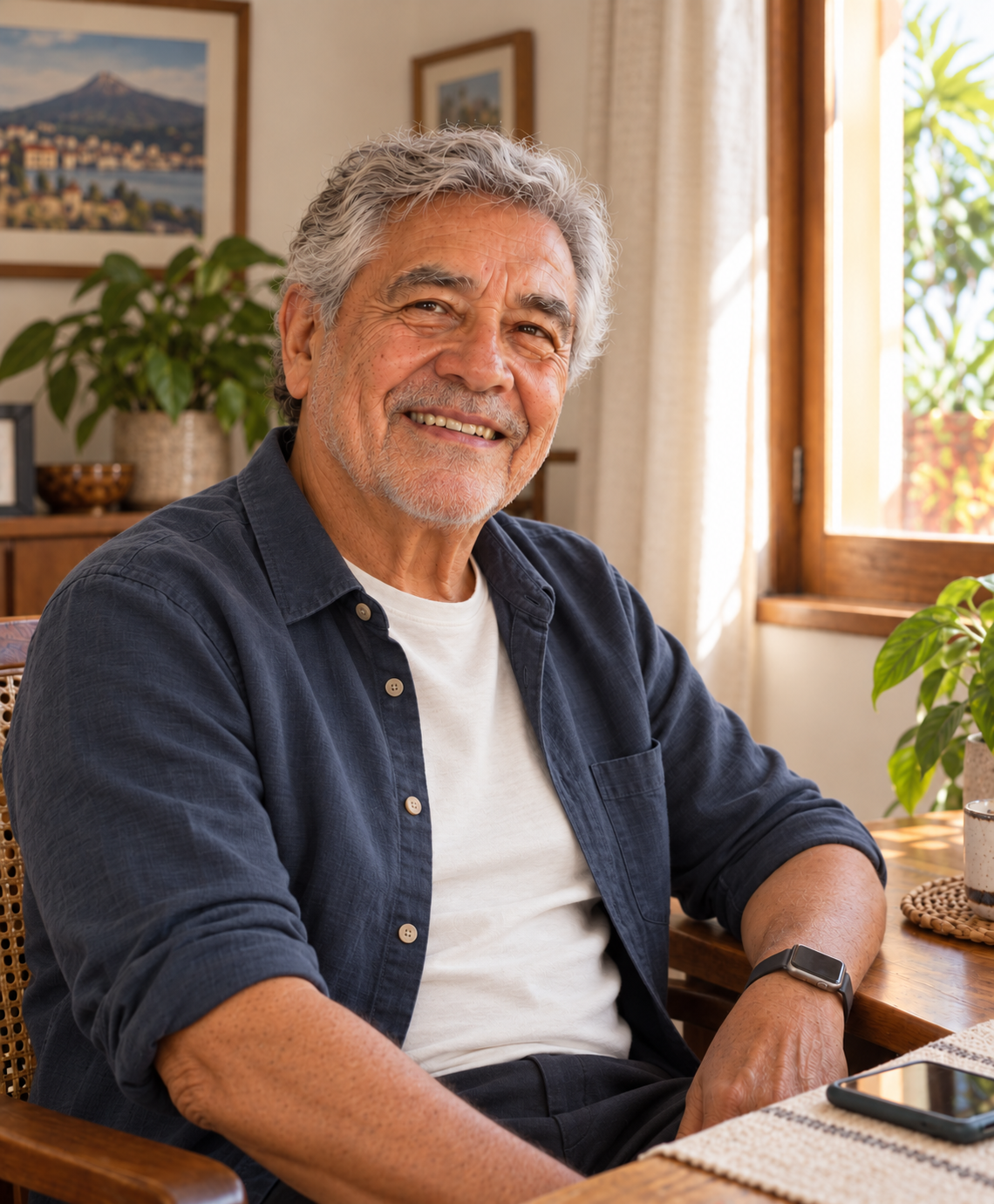 Persona mayor sonriendo junto a su teléfono