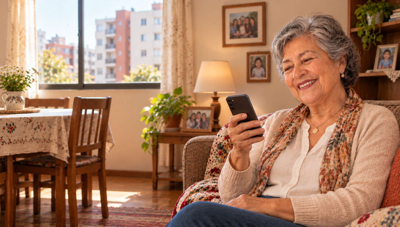 Persona mayor conversando por teléfono en su casa